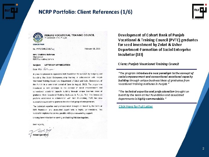 NCRP Portfolio: Client References (1/6) Development of Cohort Bank of Punjab Vocational & Training