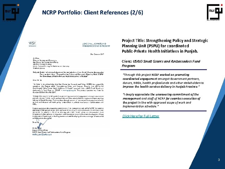 NCRP Portfolio: Client References (2/6) Project Title: Strengthening Policy and Strategic Planning Unit (PSPU)