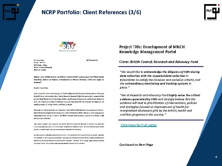 NCRP Portfolio: Client References (3/6) Project Title: Development of MNCH Knowledge Management Portal Client: