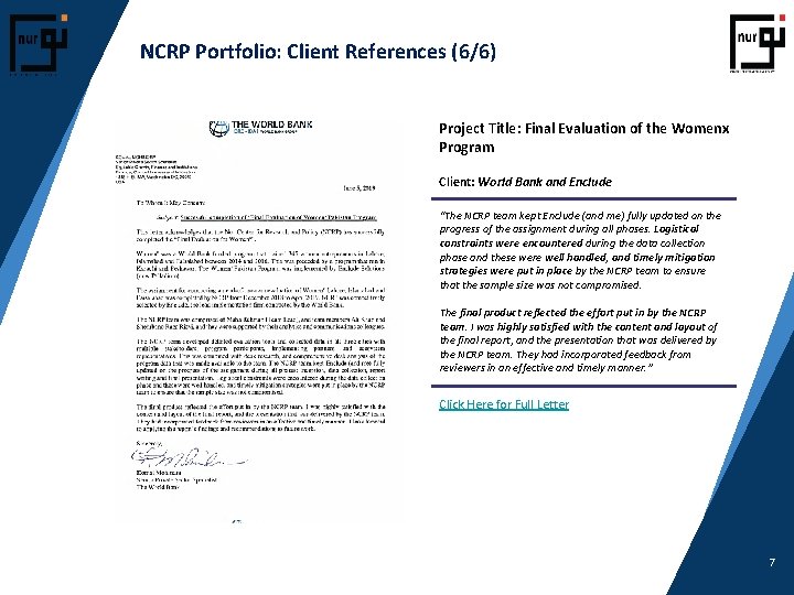 NCRP Portfolio: Client References (6/6) Project Title: Final Evaluation of the Womenx Program Client: