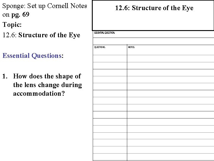 Sponge: Set up Cornell Notes on pg. 69 Topic: 12. 6: Structure of the