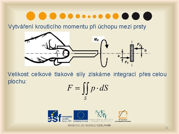 Vytváření kroutícího momentu při úchopu mezi prsty Velikost celkové tlakové síly získáme integrací přes