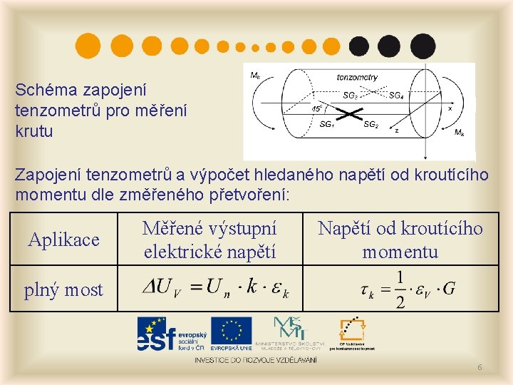 Schéma zapojení tenzometrů pro měření krutu Zapojení tenzometrů a výpočet hledaného napětí od kroutícího