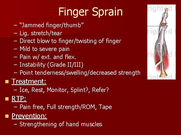 Finger Sprain – – – – n “Jammed finger/thumb” Lig. stretch/tear Direct blow to