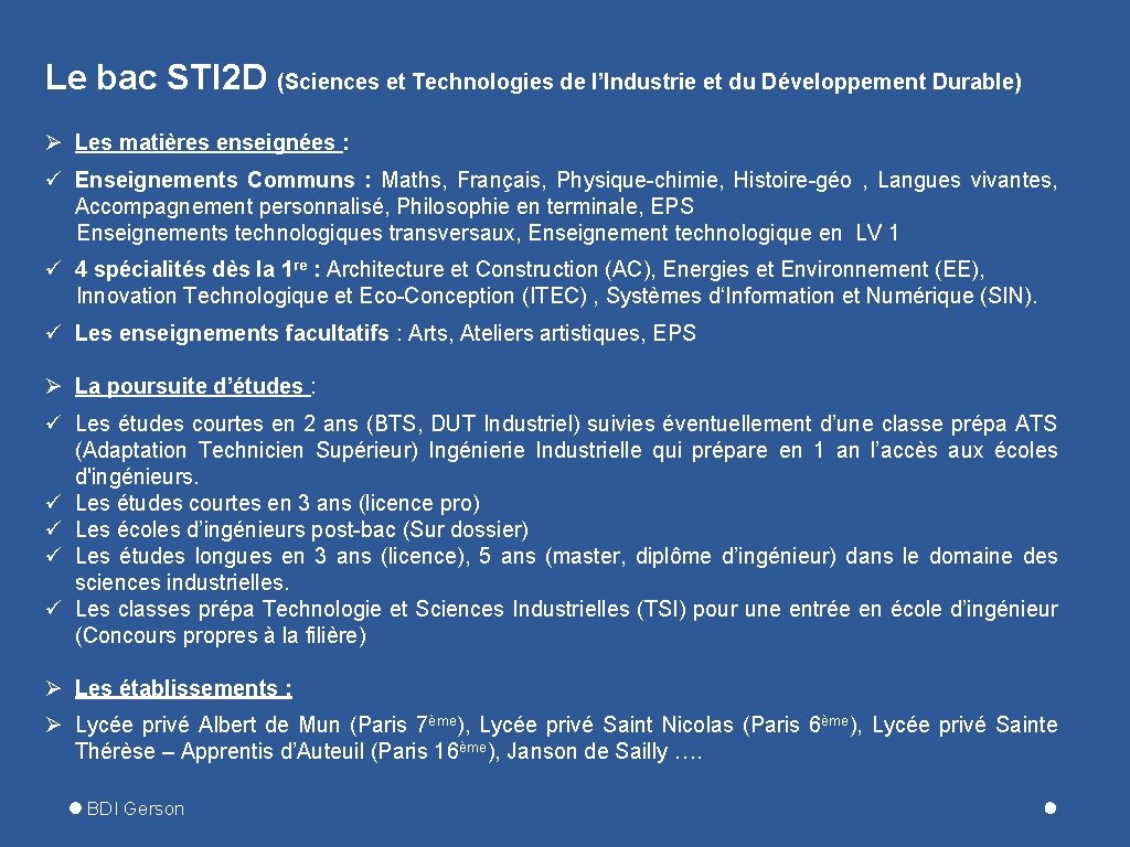 Le bac STI 2 D (Sciences et Technologies de l’Industrie et du Développement Durable)