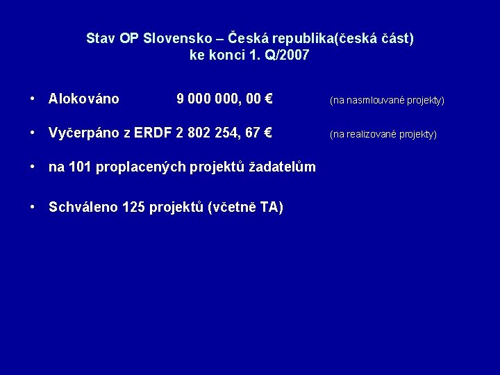 Stav OP Slovensko – Česká republika(česká část) ke konci 1. Q/2007 • Alokováno 9