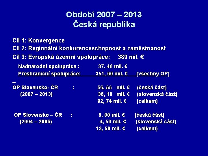 Období 2007 – 2013 Česká republika Cíl 1: Konvergence Cíl 2: Regionální konkurenceschopnost a