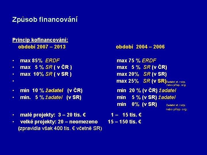 Způsob financování Princip kofinancování: období 2007 – 2013 období 2004 – 2006 • •