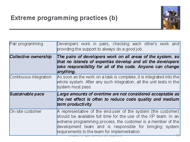 Extreme programming practices (b) Pair programming Developers work in pairs, checking each other’s work