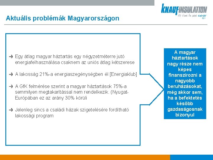 Aktuális problémák Magyarországon Egy átlag magyar háztartás egy négyzetméterre jutó energiafelhasználása csaknem az uniós