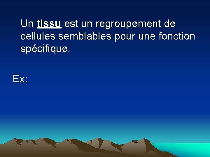 Un tissu est un regroupement de cellules semblables pour une fonction spécifique. Ex: 