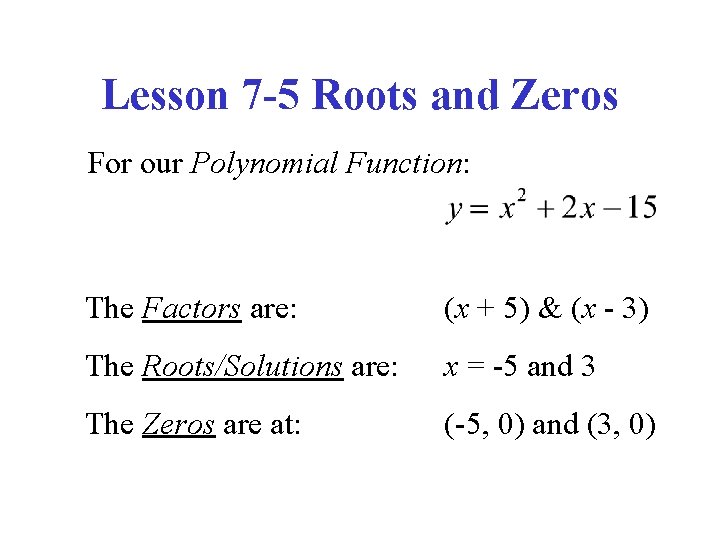 Lesson 7 -5 Roots and Zeros For our Polynomial Function: The Factors are: (x