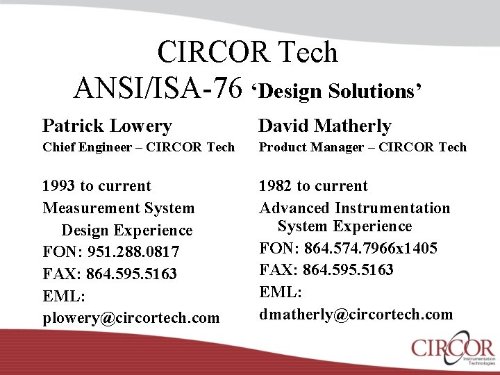 CIRCOR Tech ANSI/ISA-76 ‘Design Solutions’ Patrick Lowery David Matherly Chief Engineer – CIRCOR Tech