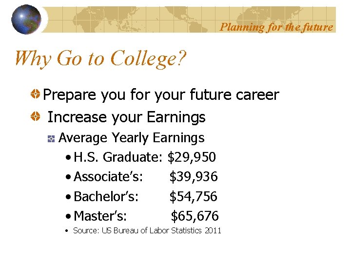 Planning for the future Why Go to College? Prepare you for your future career