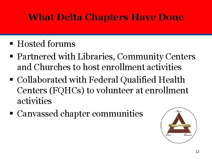 What Delta Chapters Have Done § Hosted forums § Partnered with Libraries, Community Centers