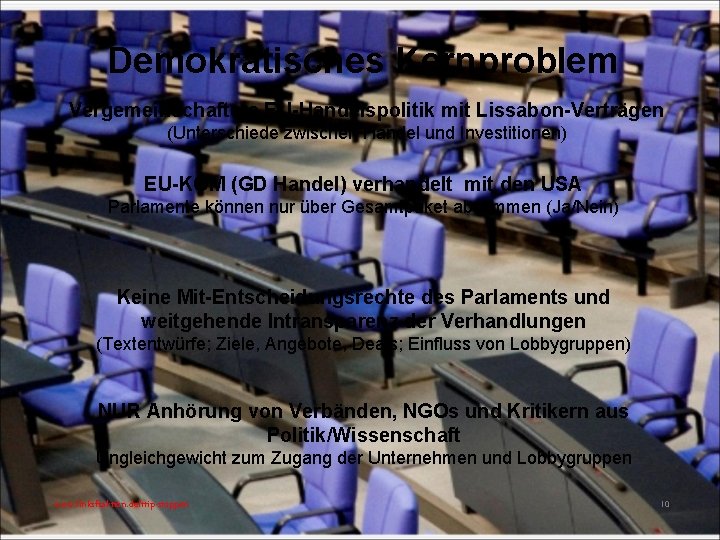 Demokratisches Kernproblem Vergemeinschaftete EU-Handelspolitik mit Lissabon-Verträgen (Unterschiede zwischen Handel und Investitionen) EU-KOM (GD Handel)