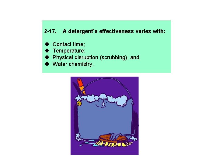 2 -17. A detergent’s effectiveness varies with: Contact time; Temperature; Physical disruption (scrubbing); and