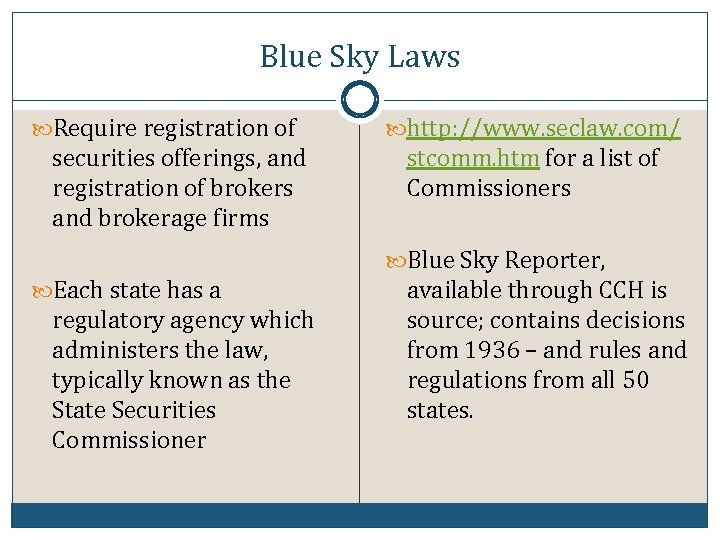 Blue Sky Laws Require registration of securities offerings, and registration of brokers and brokerage