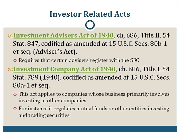 Investor Related Acts Investment Advisers Act of 1940, ch, 686, Title II. 54 Stat.