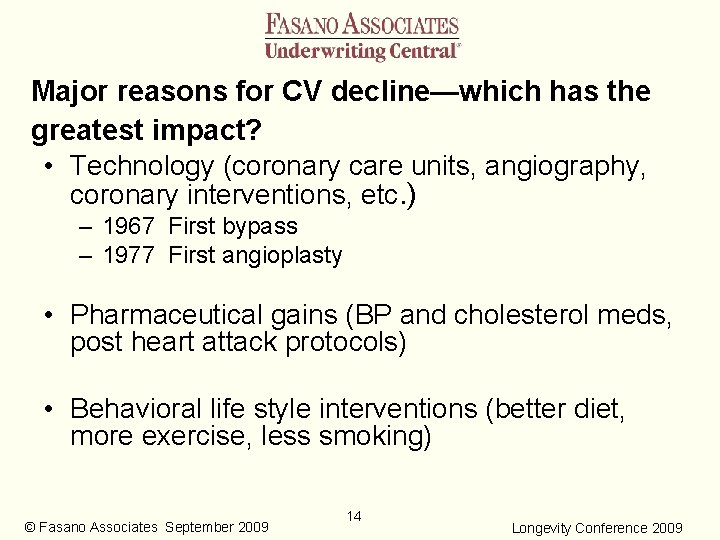 Major reasons for CV decline—which has the greatest impact? • Technology (coronary care units,