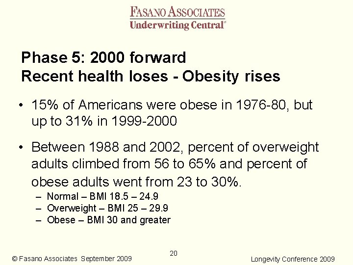 Phase 5: 2000 forward Recent health loses - Obesity rises • 15% of Americans