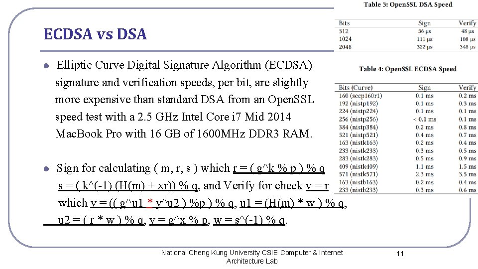 ECDSA vs DSA l Elliptic Curve Digital Signature Algorithm (ECDSA) signature and verification speeds,