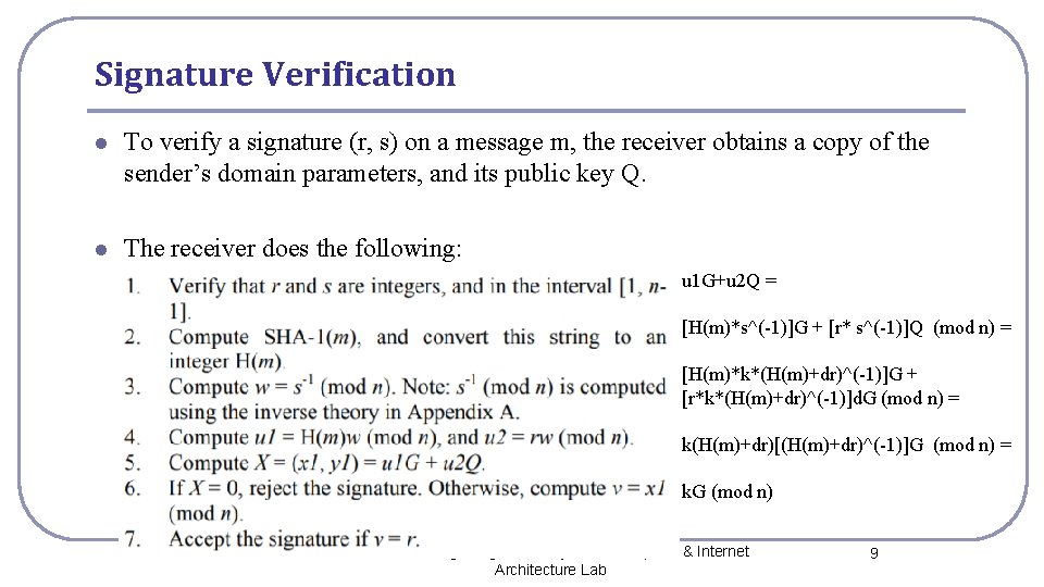 Signature Verification l To verify a signature (r, s) on a message m, the