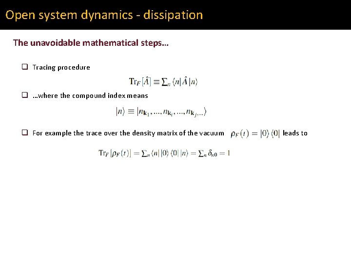 Open system dynamics - dissipation The unavoidable mathematical steps… q Tracing procedure q …where