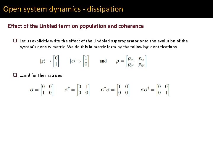 Open system dynamics - dissipation Effect of the Linblad term on population and coherence