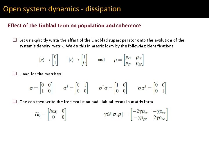Open system dynamics - dissipation Effect of the Linblad term on population and coherence