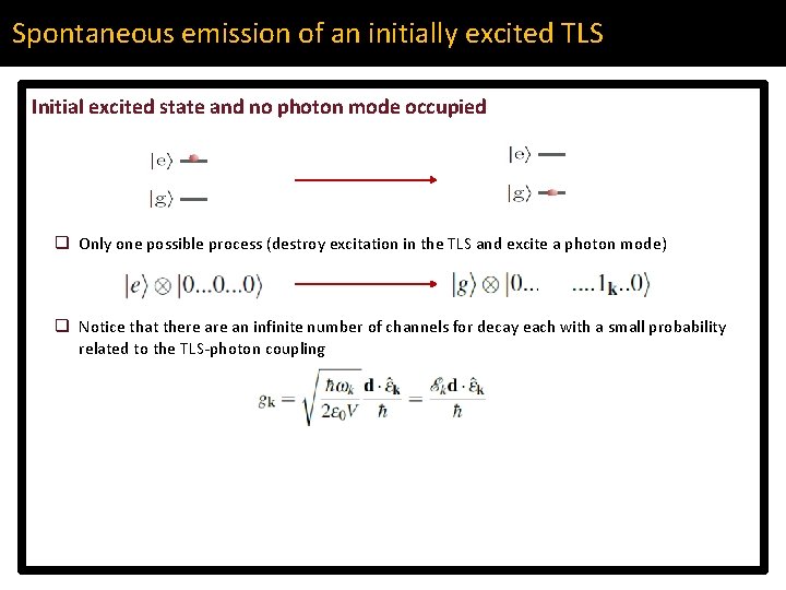 Spontaneous emission of an initially excited TLS Initial excited state and no photon mode