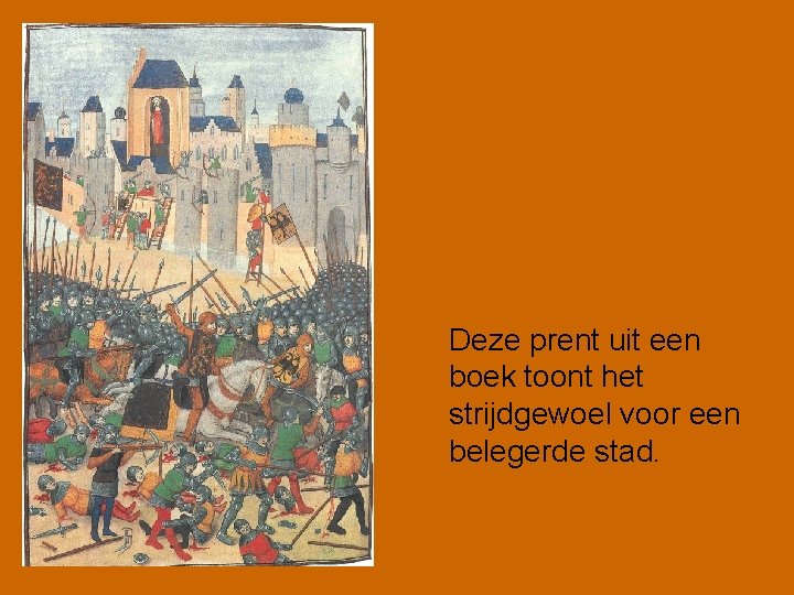 Deze prent uit een boek toont het strijdgewoel voor een belegerde stad. 