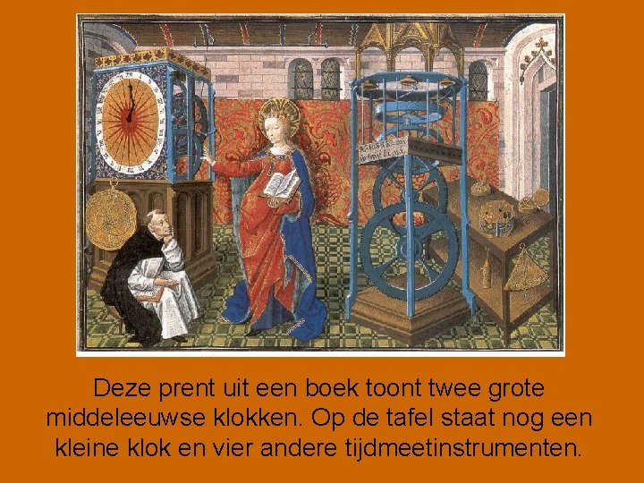 Deze prent uit een boek toont twee grote middeleeuwse klokken. Op de tafel staat