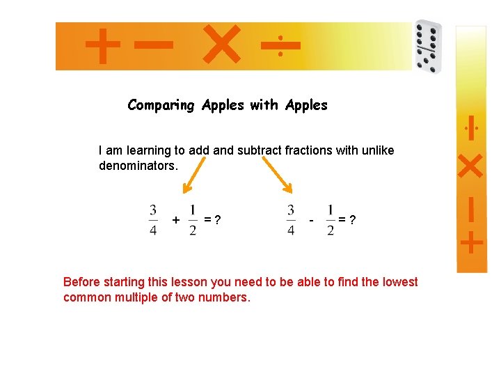 Comparing Apples with Apples I am learning to add and subtract fractions with unlike