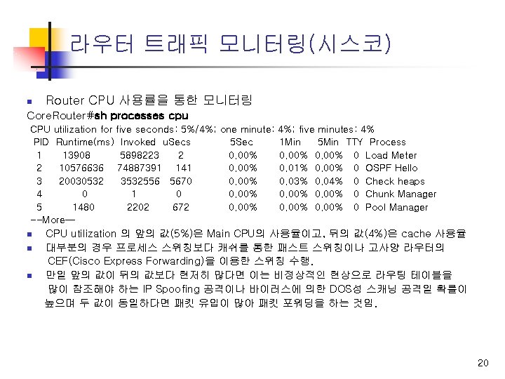 라우터 트래픽 모니터링(시스코) n Router CPU 사용률을 통한 모니터링 Core. Router#sh processes cpu CPU