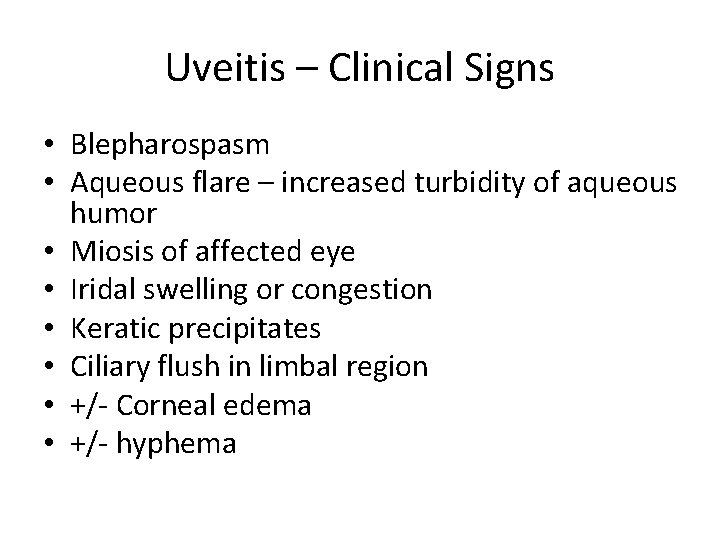 Uveitis – Clinical Signs • Blepharospasm • Aqueous flare – increased turbidity of aqueous