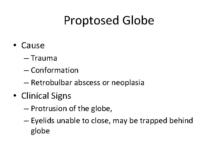 Proptosed Globe • Cause – Trauma – Conformation – Retrobulbar abscess or neoplasia •