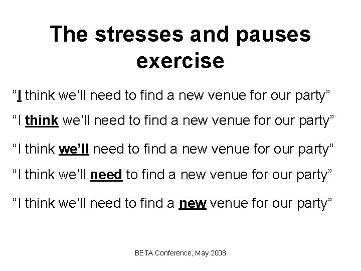 The stresses and pauses exercise “I think we’ll need to find a new venue