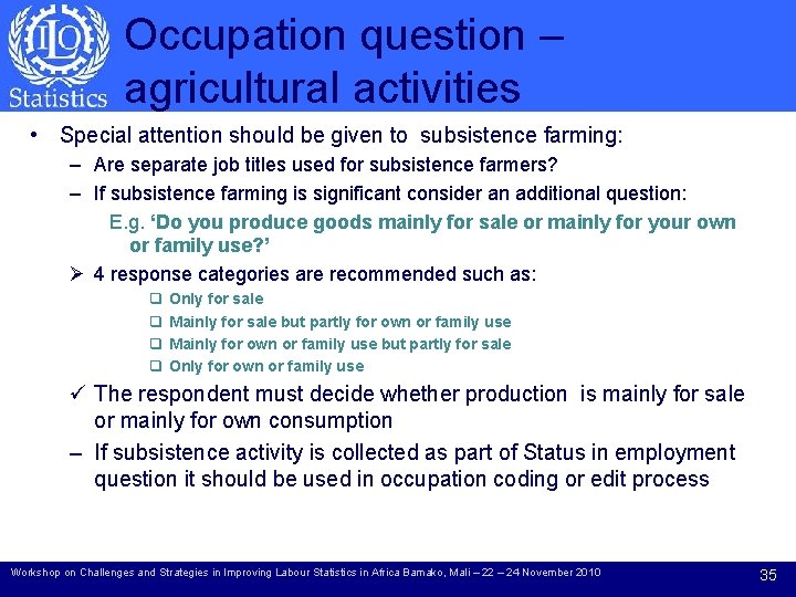 Occupation question – agricultural activities • Special attention should be given to subsistence farming: