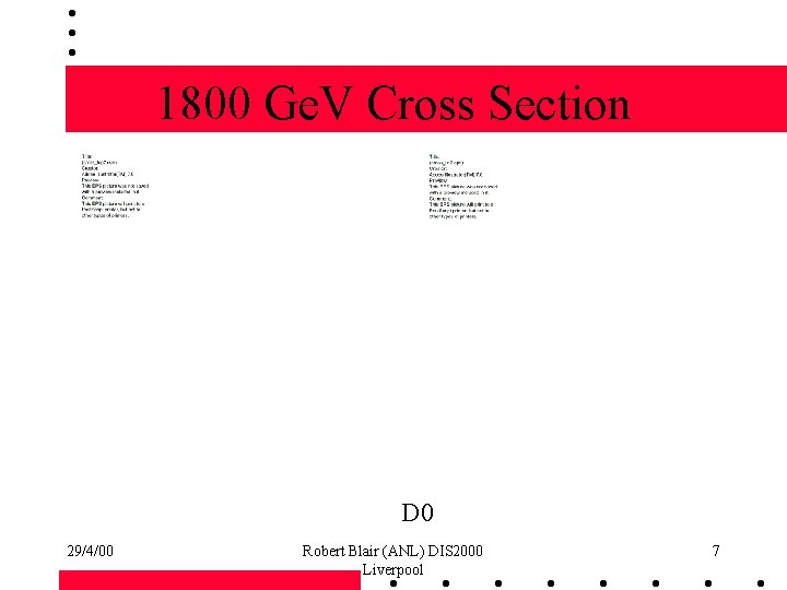 1800 Ge. V Cross Section D 0 29/4/00 Robert Blair (ANL) DIS 2000 Liverpool
