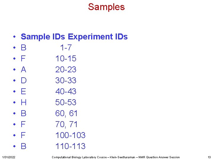 Samples • • • 1/31/2022 Sample IDs Experiment IDs B 1 -7 F 10