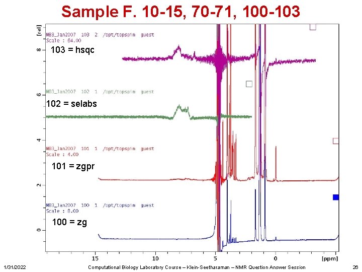 Sample F. 10 -15, 70 -71, 100 -103 = hsqc 102 = selabs 101