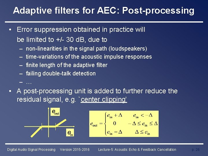 Adaptive filters for AEC: Post-processing • Error suppression obtained in practice will be limited