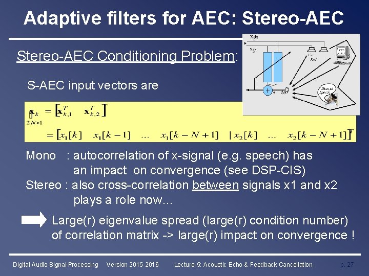 Adaptive filters for AEC: Stereo-AEC Conditioning Problem: S-AEC input vectors are Mono : autocorrelation