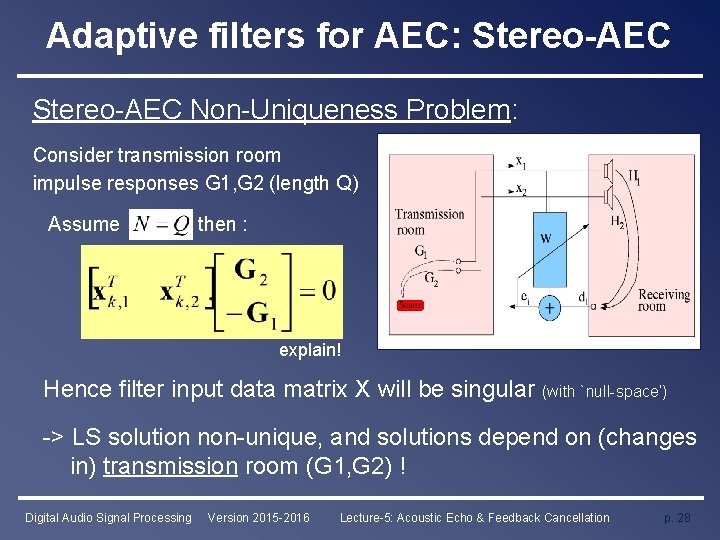 Adaptive filters for AEC: Stereo-AEC Non-Uniqueness Problem: Consider transmission room impulse responses G 1,