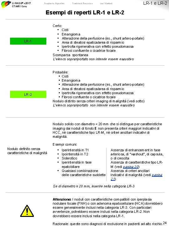 LI-RADS® v 2017 CT/MRI Core Diagnostic Algorithm Treatment Response Last Viewed LR-1 e LR-2