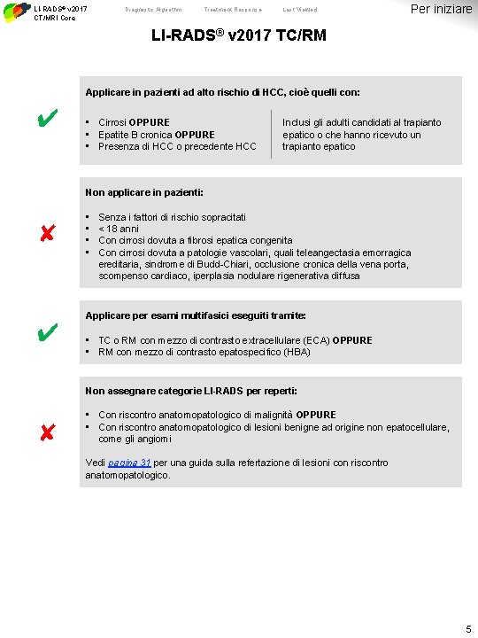 LI-RADS® v 2017 CT/MRI Core Diagnostic Algorithm Treatment Response Last Viewed Per iniziare LI-RADS®