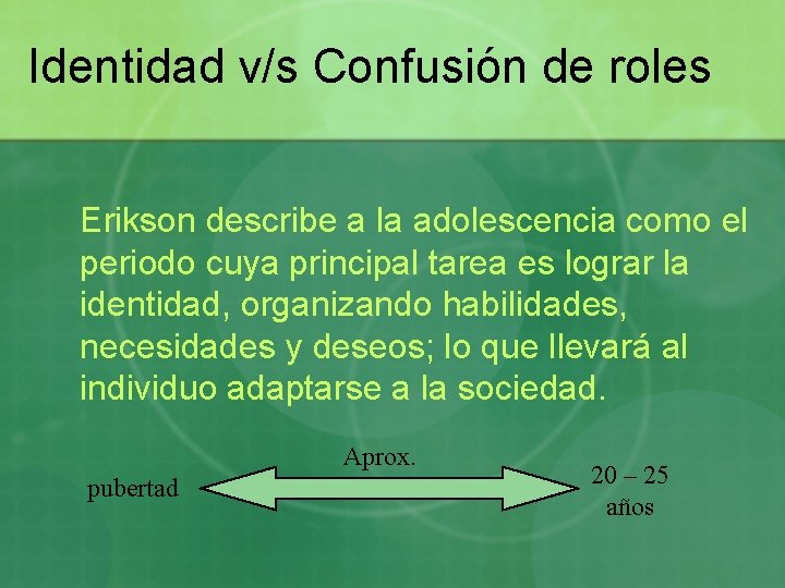 Identidad v/s Confusión de roles Erikson describe a la adolescencia como el periodo cuya