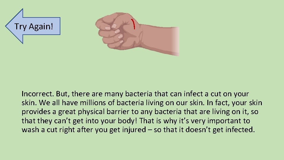 Try Again! Incorrect. But, there are many bacteria that can infect a cut on