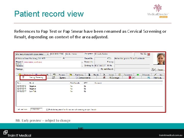 Patient record view References to Pap Test or Pap Smear have been renamed as